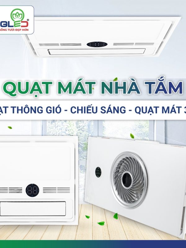 Quạt Mát Nhà Tắm 3 Trong 1 Kingled Quạt 45W + Đèn led 9W, IP44 54W kích thước D334xR334xC110mm lỗ khoét 300x300mm