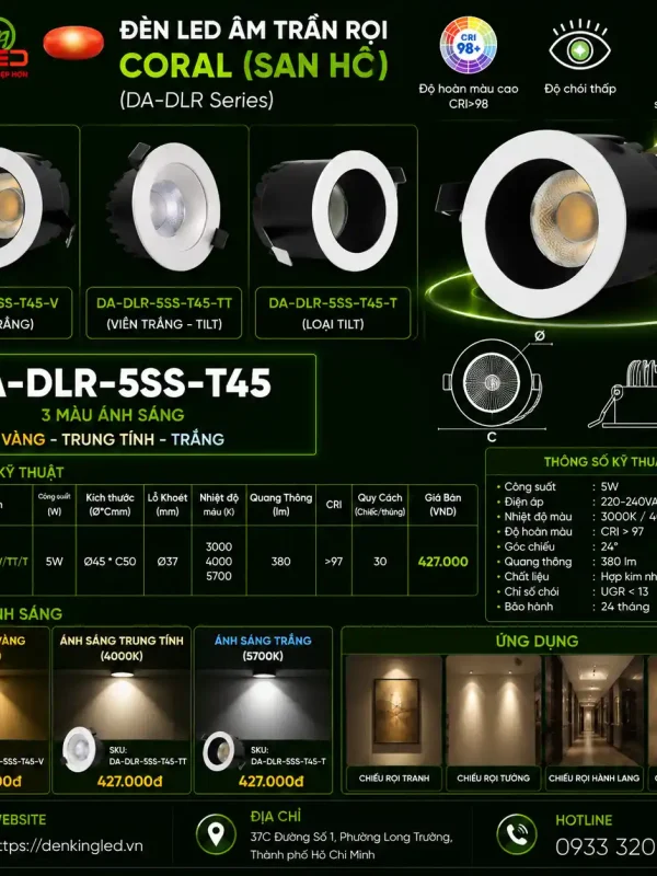 Đèn LED Spotlight âm trần DA-DLR-5SS-T45-T/V/TT (Trắng)