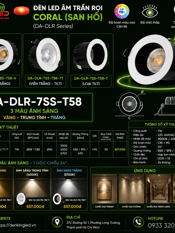 Đèn led Âm Trần Rọi Kingled Dòng Coral, Góc chiếu 24°, 3 Chế Độ Ánh Sáng 7W Ø58*C58mm lỗ khoét Ø50mm