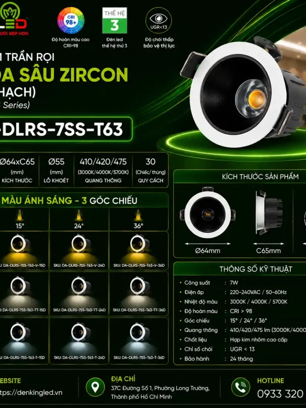 Đèn LED Spotlight âm trần DA-DLRS-7SS-T63-TT (Trung tính)