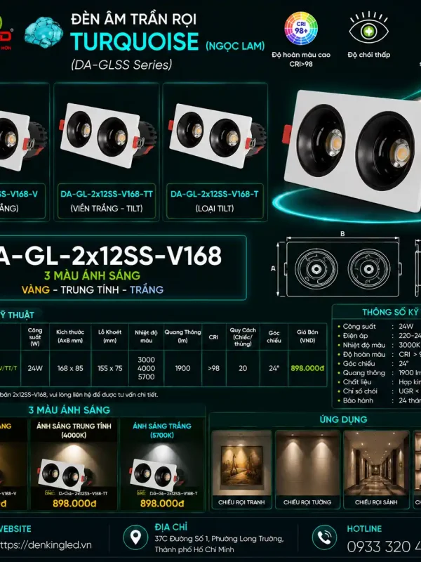 Đèn led Âm Trần Rọi Kingled Dòng Turquoise, 2 bóng, góc chiếu 15°, 3 Chế Độ Ánh Sáng 24W kích thước A168xB88xC75mm lỗ khoét 160x75mm