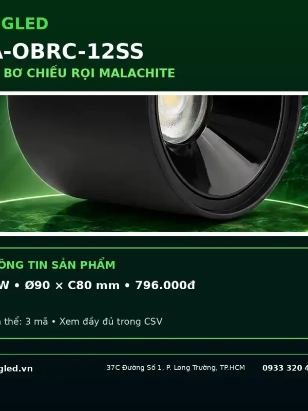 Ống Bơ Chiếu Rọi Kingled Dòng Malachite, Vỏ Đen, góc chiếu 24°, 3 Chế Độ Ánh Sáng 12W kích thước Ø90xC80mm