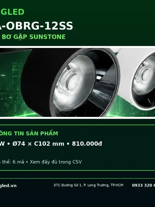 Ống Bơ Gập Kingled Dòng Sunstone, Vỏ Đen, góc chiếu 24°, 3 Chế Độ Ánh Sáng 12W kích thước Ø74xC102mm