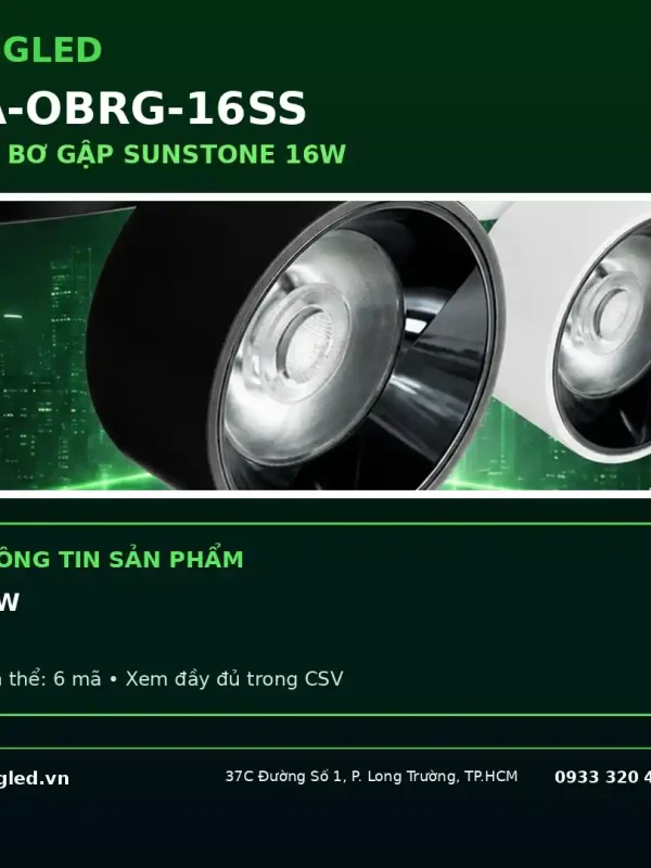 Ống Bơ Gập Kingled Dòng Sunstone, Vỏ Đen, góc chiếu 24°, 3 Chế Độ Ánh Sáng 16W kích thước Ø100xC105mm