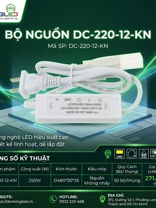 Đèn led Dây AC Kingled Nguồn không nháy 12W 250W kích thước D480xR30xC35mm