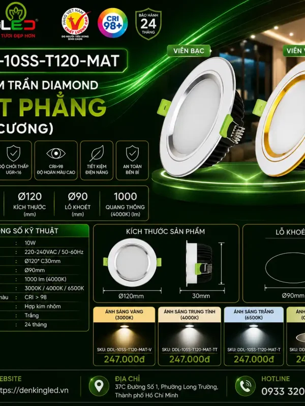 Đèn led Âm Trần Mặt Cong Mặt Phẳng Kingled Dòng Diamond, Mặt cong viền vàng, 3 Chế Độ Ánh Sáng 10W Ø120*C35mm lỗ khoét Ø90mm