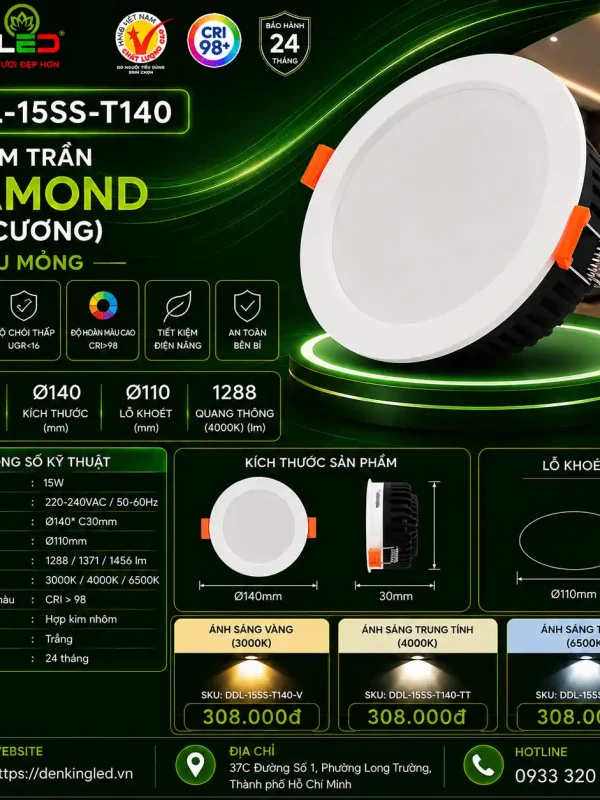 Đèn led Âm Trần Kingled Dòng Diamond, 3 Chế Độ Ánh Sáng 15W Ø140*C35mm lỗ khoét Ø110mm