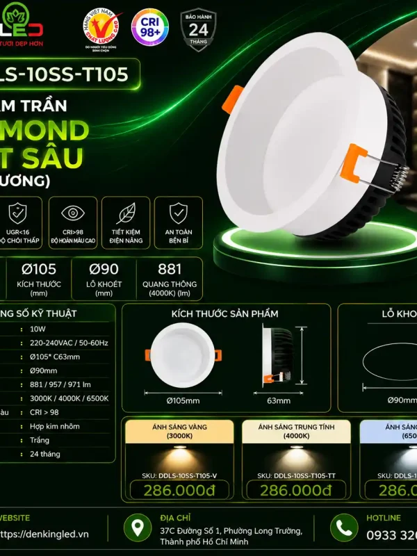 Đèn led Âm Trần Mặt Sâu Kingled Dòng Diamond, 3 Chế Độ Ánh Sáng 10W Ø105*C63mm lỗ khoét Ø90mm