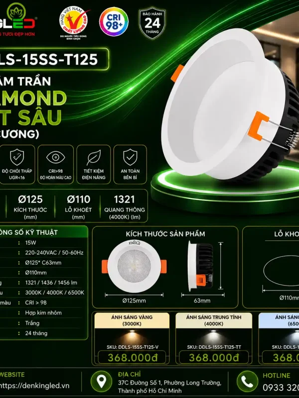 Đèn led Âm Trần Mặt Sâu Kingled Dòng Diamond, 3 Chế Độ Ánh Sáng 15W Ø125*C63mm lỗ khoét Ø110mm