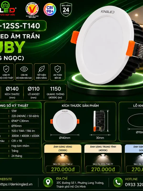 Đèn led Âm Trần Kingled Dòng Ruby, 3 Chế Độ Ánh Sáng 12W Ø140*C30mm lỗ khoét Ø110mm