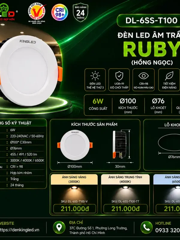 Đèn led Âm Trần Kingled Dòng Ruby, 3 Chế Độ Ánh Sáng 6W Ø100*C30mm lỗ khoét Ø76mm