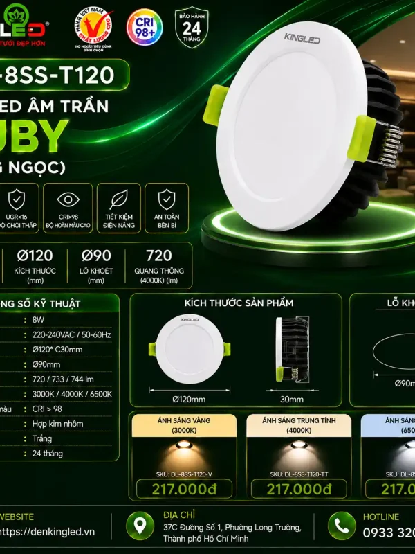 Đèn led Âm Trần Kingled Dòng Ruby, 3 Chế Độ Ánh Sáng 8W Ø120*C30mm lỗ khoét Ø90mm