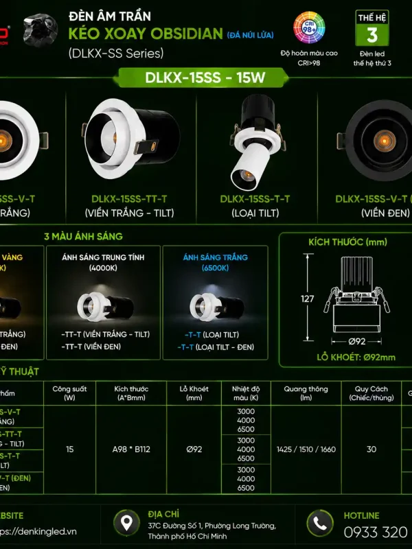 Đèn led Âm Trần Kéo Xoay Kingled Dòng Obsidian, 3 Chế Độ Ánh Sáng 15W kích thước A98xB112mm lỗ khoét Ø92mm