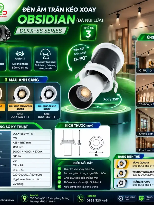 Đèn led Âm Trần Kéo Xoay Kingled Dòng Obsidian, 3 Chế Độ Ánh Sáng 5W kích thước A65xB167mm lỗ khoét Ø58mm