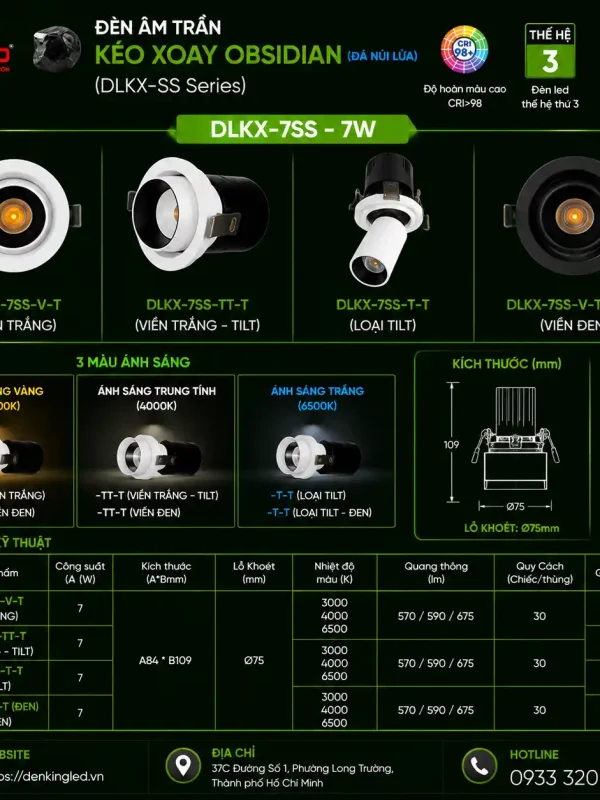 Đèn led Âm Trần Kéo Xoay Kingled Dòng Obsidian, 3 Chế Độ Ánh Sáng 7W kích thước A84xB109mm lỗ khoét Ø75mm