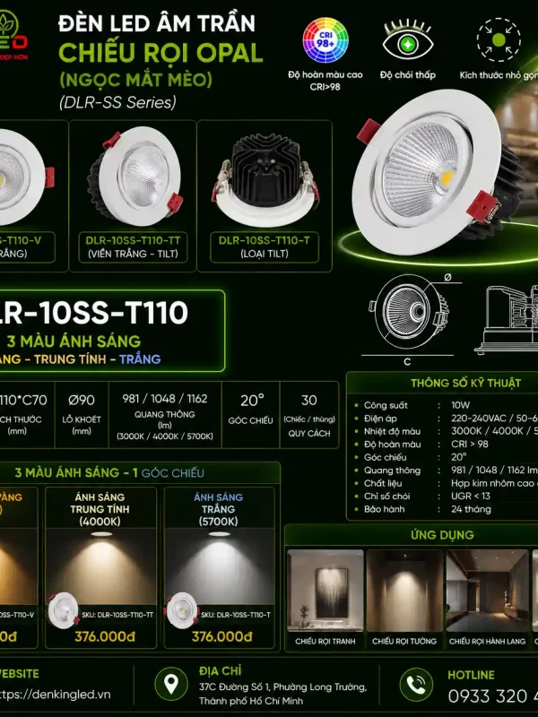 Đèn led Âm Trần Chiếu Rọi Kingled Dòng Opal, Góc chiếu 20°, 3 Chế Độ Ánh Sáng 10W Ø110*C70mm lỗ khoét Ø90mm