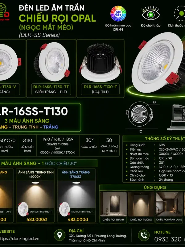 Đèn led Âm Trần Chiếu Rọi Kingled Dòng Opal, Góc chiếu 30°, 3 Chế Độ Ánh Sáng 16W Ø130*C70mm lỗ khoét Ø110mm
