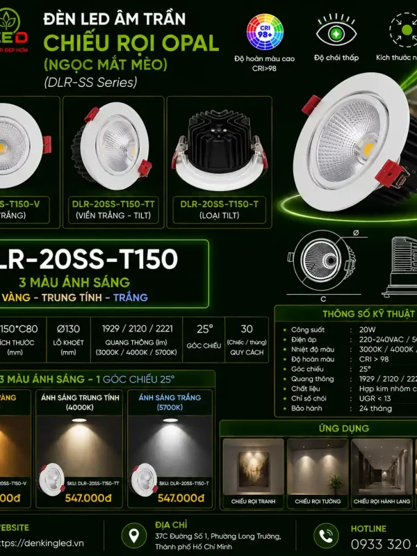Đèn led Âm Trần Chiếu Rọi Kingled Dòng Opal, Góc chiếu 25°, 3 Chế Độ Ánh Sáng 20W Ø150*C80mm lỗ khoét Ø130mm