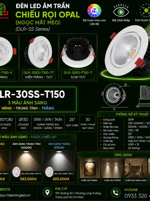 Đèn led Âm Trần Chiếu Rọi Kingled Dòng Opal, Góc chiếu 25°, 3 Chế Độ Ánh Sáng 30W Ø150*C80mm lỗ khoét Ø130mm