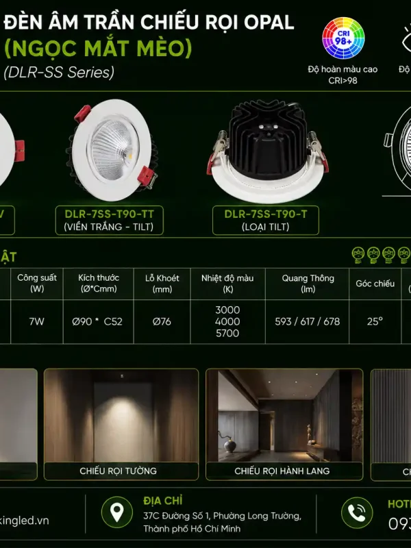 Đèn led Âm Trần Chiếu Rọi Kingled Dòng Opal, Góc chiếu 25°, 3 Chế Độ Ánh Sáng 7W Ø90*C52mm lỗ khoét Ø76mm