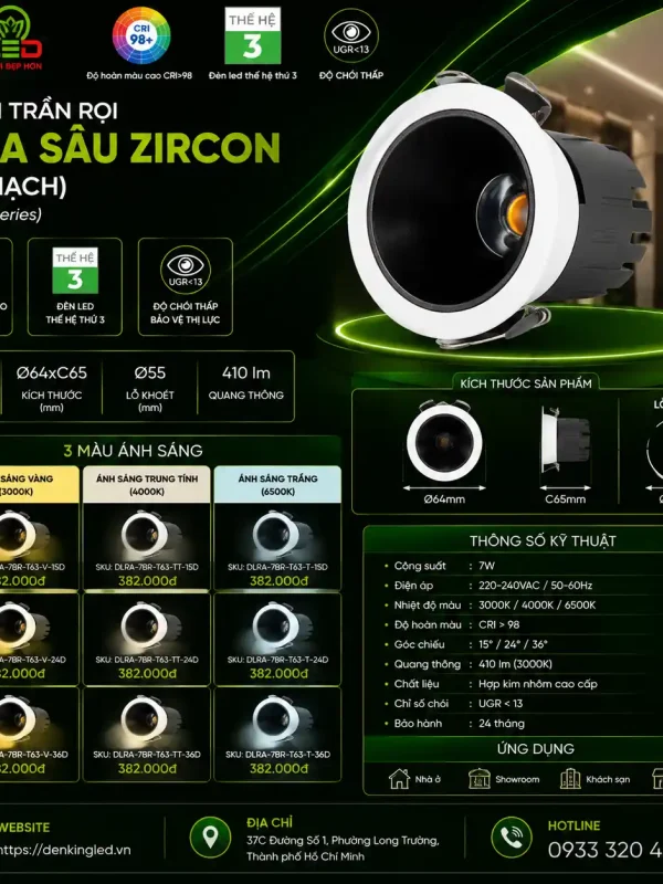 Đèn led Âm Trần Rọi Kingled Dòng Amethyst, Mặt viền Trắng/Tím, góc chiếu 15°/24°/36°, 3 Chế Độ Ánh Sáng 7W Ø63*C80mm lỗ khoét Ø56mm