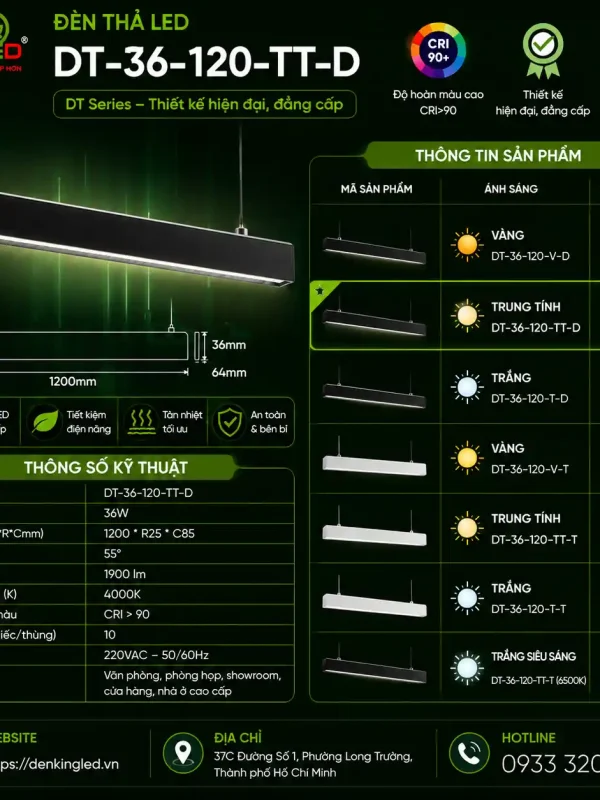 Đèn led Thả Kingled Vỏ Đen, góc chiếu 55° 36W kích thước D1195xR25xC85mm