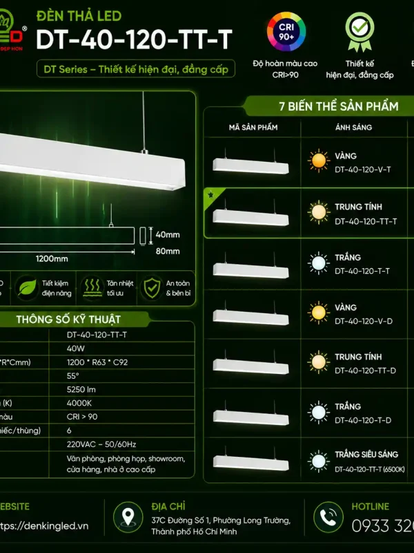 Đèn led Thả Kingled Vỏ Trắng, góc chiếu 55° 40W kích thước D1220xR63xC92mm