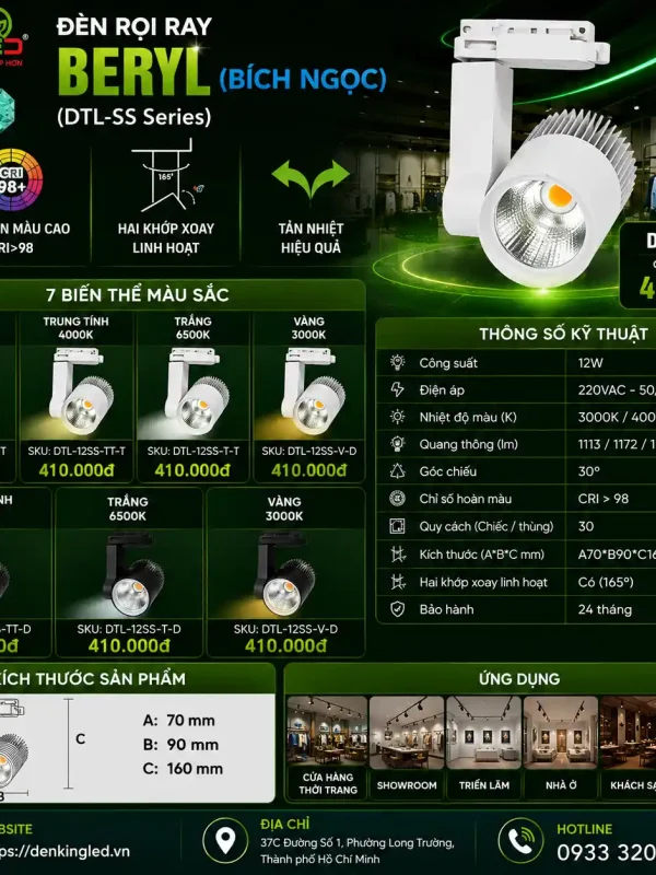 Đèn led Rọi Ray Kingled Dòng Beryl, Vỏ Trắng, 3 Chế Độ Ánh Sáng 12W kích thước A70xB90xC160mm