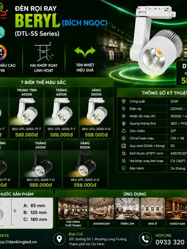 Đèn led Rọi Ray Kingled Dòng Beryl, Vỏ Trắng, 3 Chế Độ Ánh Sáng 20W kích thước A85xB120xC180mm
