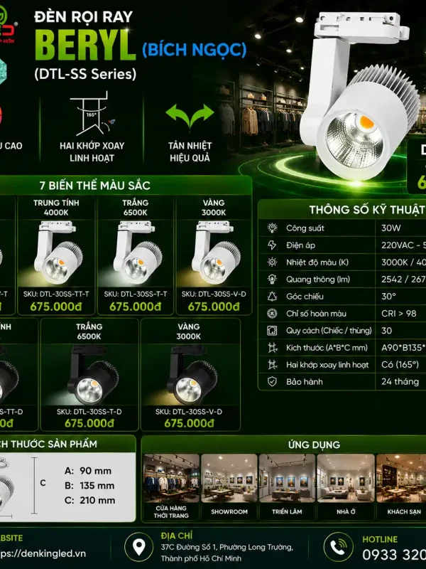 Đèn led Rọi Ray Kingled Dòng Beryl, Vỏ Trắng, 3 Chế Độ Ánh Sáng 30W kích thước A90xB135xC210mm