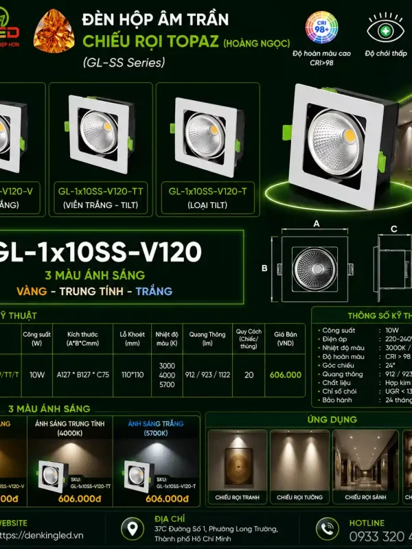 Đèn led Hộp Âm Trần Chiếu Rọi Kingled Dòng Topaz, 1 bóng, 3 Chế Độ Ánh Sáng 10W kích thước A127xB127xC75mm lỗ khoét 110x110mm