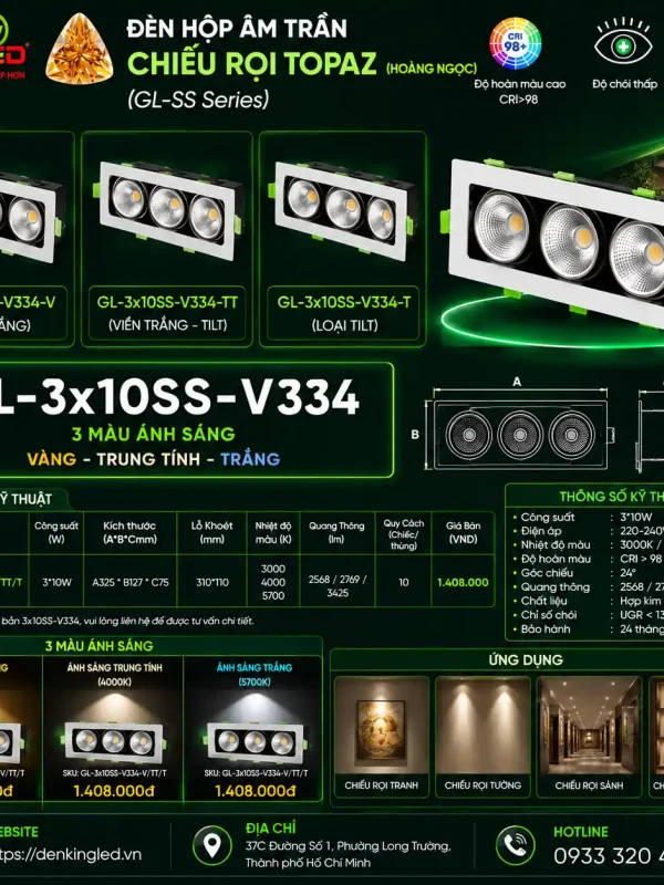 Đèn led Hộp Âm Trần Chiếu Rọi Kingled Dòng Topaz, 3 bóng, 3 Chế Độ Ánh Sáng 310W kích thước A325xB127xC75mm lỗ khoét 310x110mm