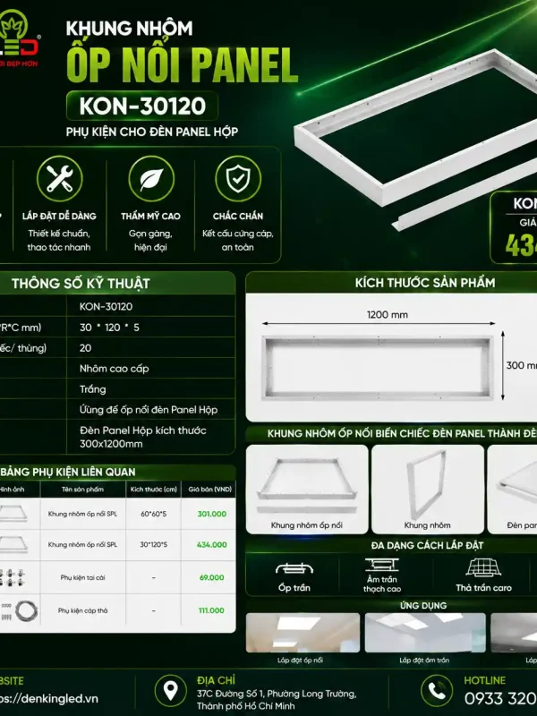 Phụ Kiện Đèn led Panel Kingled Dòng Jasper, Khung nhôm ốp nổi, SPL kích thước kích thước 300x1200x50mm