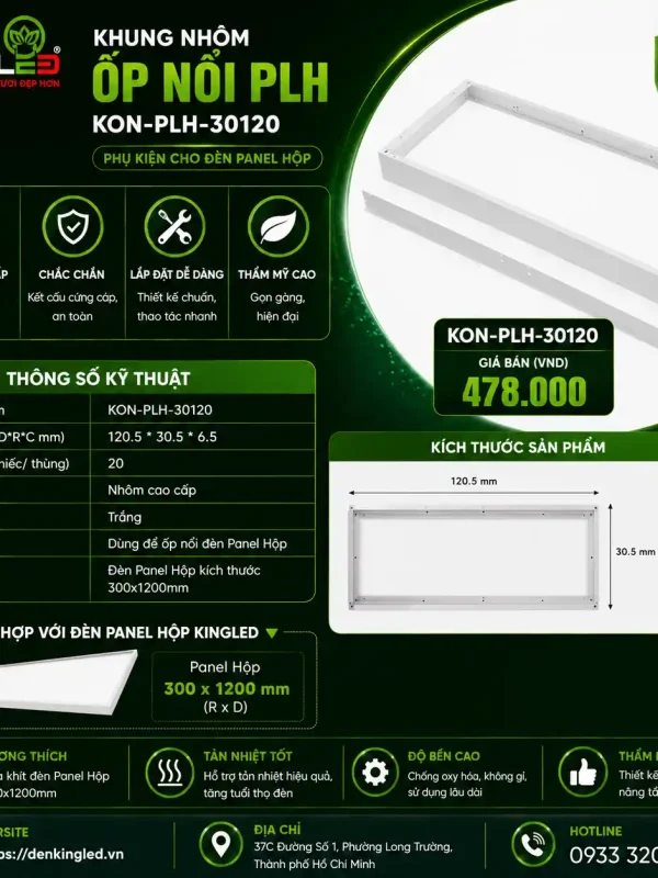 Đèn led Panel Hộp Kingled Dòng Zoisite, Khung nhôm ốp nổi, kích thước kích thước 1205x305x65mm