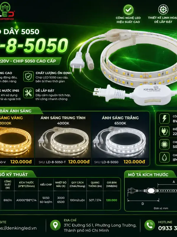 Đèn led Dây AC Kingled Chip 5050 60 led/m 8W/m kích thước A1000xB8xC14mm