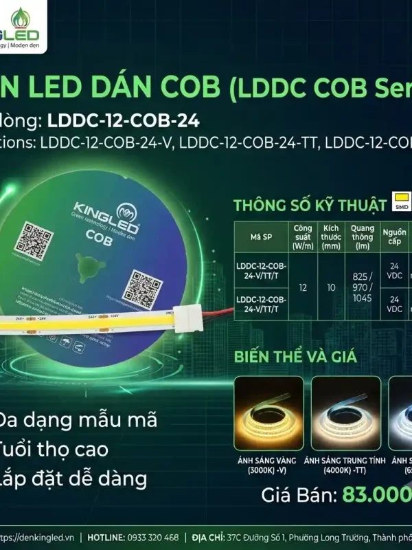 Đèn led Dán DC Kingled Chip COB, 3 Chế Độ Ánh Sáng 12W/m bản rộng 10mm nguồn cấp 24VDC