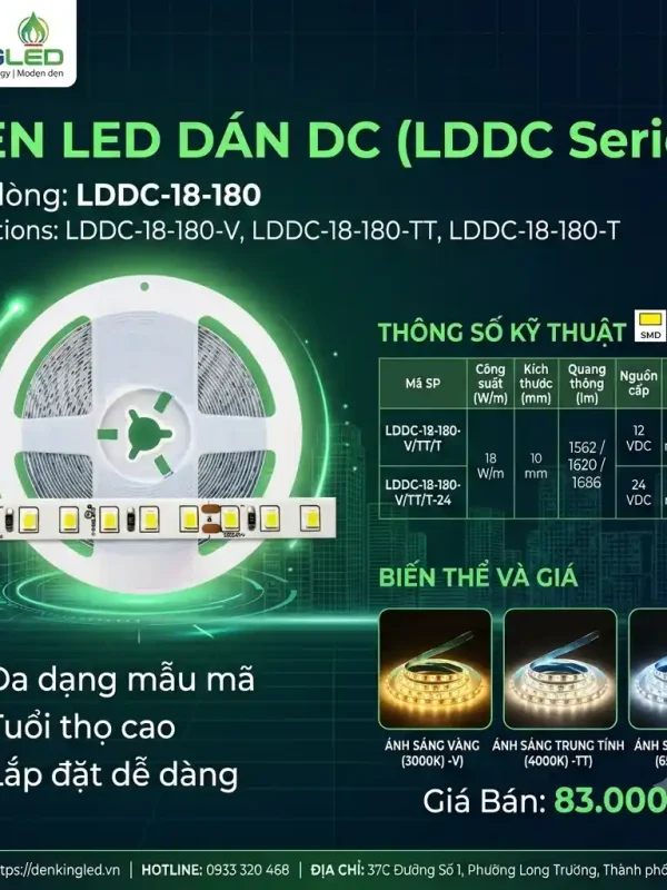 Đèn led Dán DC Kingled 5m/cuộn, 3 Chế Độ Ánh Sáng 18W/m bản rộng 10mm nguồn cấp 12VDC