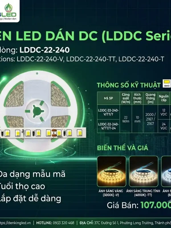 Đèn led Dán DC Kingled 5m/cuộn, 3 Chế Độ Ánh Sáng 22W/m bản rộng 10mm nguồn cấp 12VDC