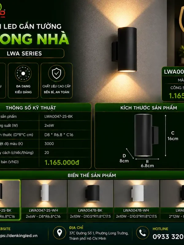 Đèn led Gắn Tường Ngoài Trời Kingled Vỏ Đen 2x6W kích thước D80xR68xC76mm