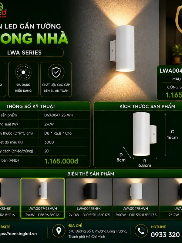Đèn led Gắn Tường Ngoài Trời Kingled Vỏ Trắng 2x6W kích thước D80xR68xC76mm