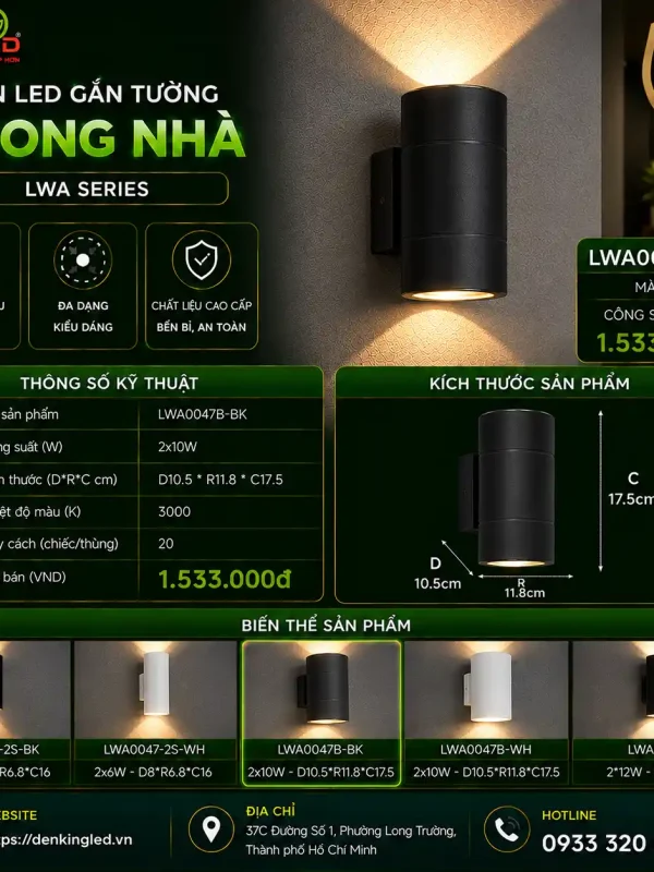 Đèn led Gắn Tường Ngoài Trời Kingled Vỏ Đen 2x10W kích thước D105xR118xC175mm