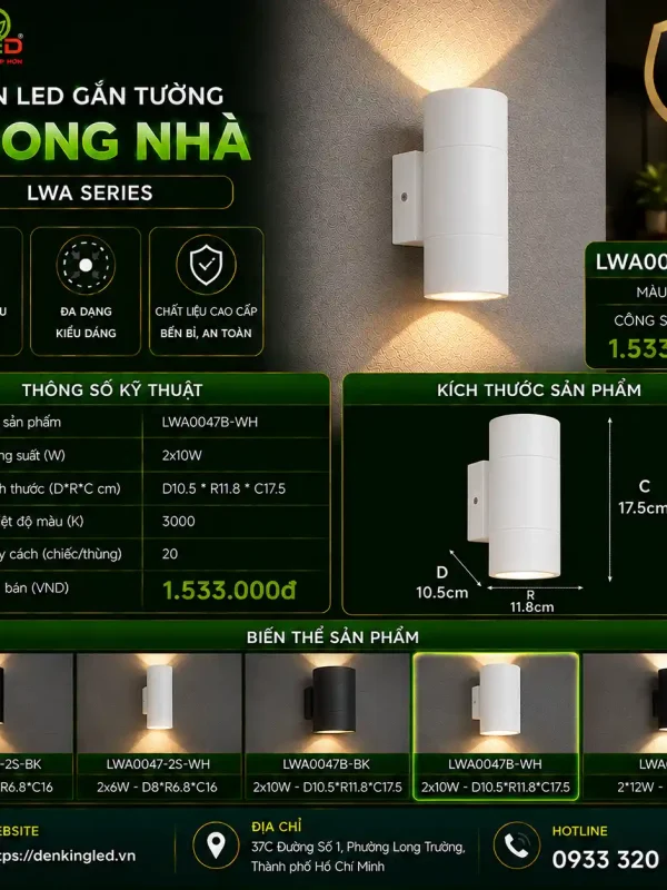 Đèn led Gắn Tường Ngoài Trời Kingled Vỏ Trắng 2x10W kích thước D105xR118xC175mm