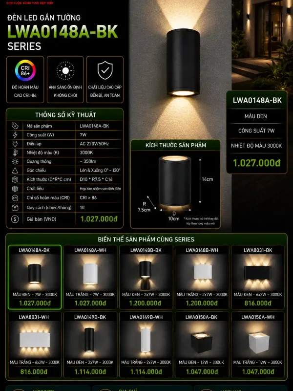 Đèn led Gắn Tường Ngoài Trời Kingled Vỏ Đen 7W kích thước D100xR75xC140mm