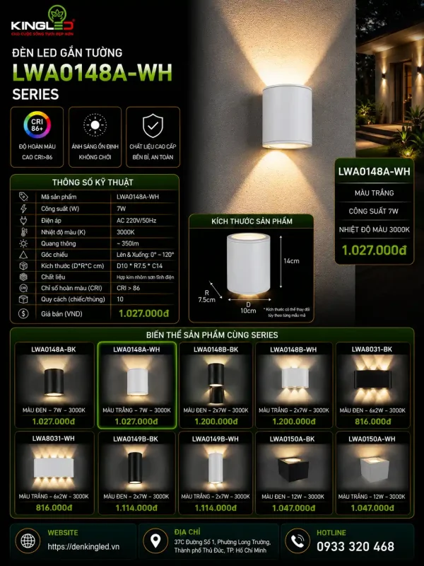 Đèn led Gắn Tường Ngoài Trời Kingled Vỏ Trắng 7W kích thước D100xR75xC140mm