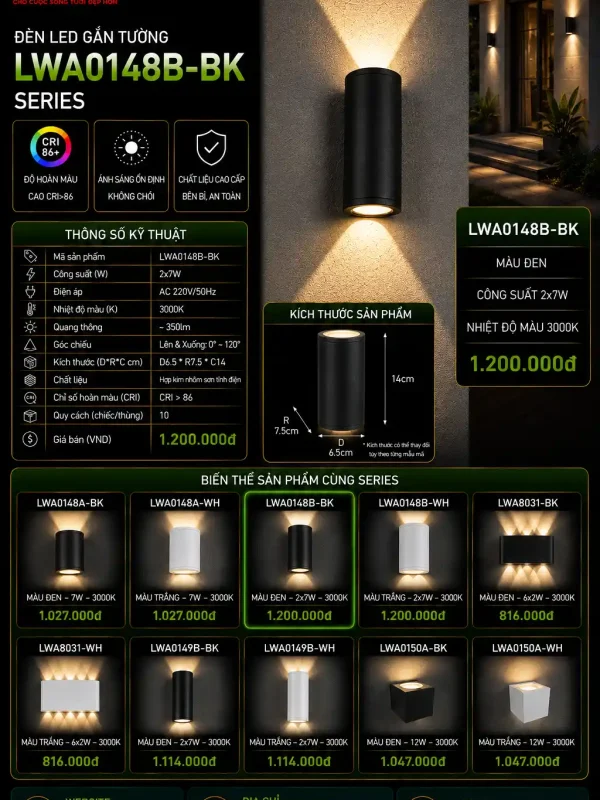 Đèn led Gắn Tường Ngoài Trời Kingled Vỏ Đen 2x7W kích thước D100xR75xC165mm