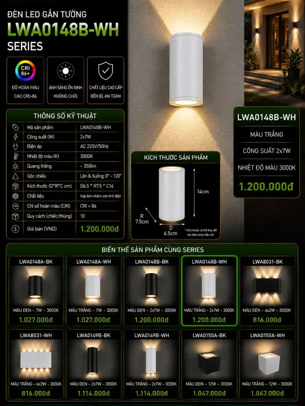 Đèn led Gắn Tường Ngoài Trời Kingled Vỏ Trắng 2x7W kích thước D100xR75xC165mm
