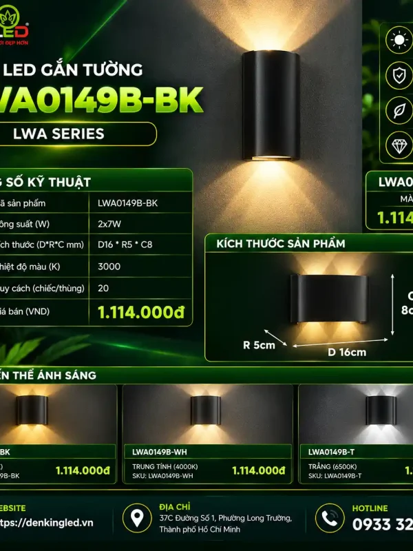 Đèn led Gắn Tường Ngoài Trời Kingled Vỏ Đen 2x7W kích thước D160xR50xC80mm