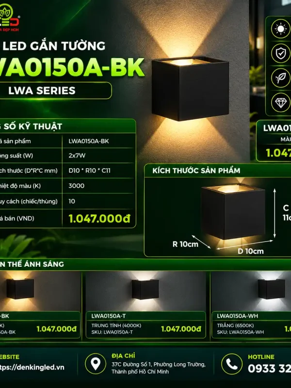 Đèn led Gắn Tường Ngoài Trời Kingled Vỏ Đen 12W kích thước D100xR100xC110mm