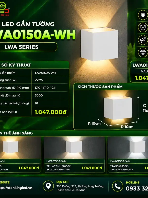 Đèn led Gắn Tường Ngoài Trời Kingled Vỏ Trắng 12W kích thước D100xR100xC110mm