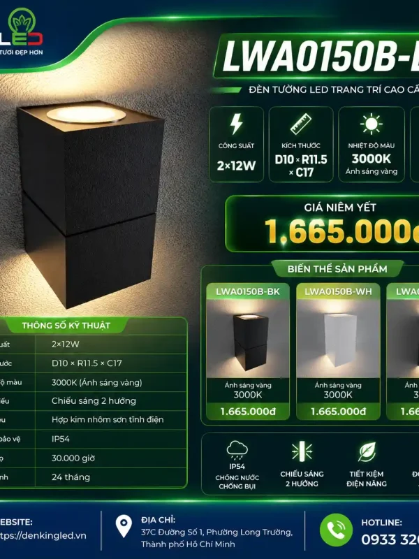 Đèn led Gắn Tường Ngoài Trời Kingled Vỏ Đen 2x12W kích thước D100xR115xC170mm